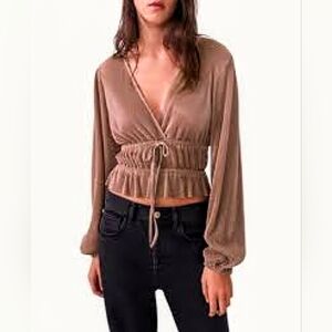 Zara Brown Metallic Look Pleated V-Neck Long Sleeve Peplum Blouse Top Small